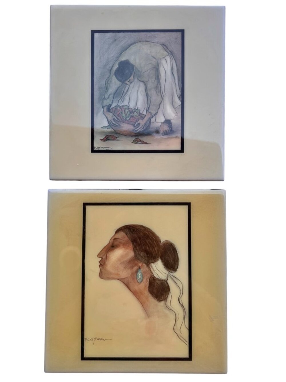 R.C. Gorman Tile Prints Set Wall Art Turquoise Earring Woman Gathering Chilis